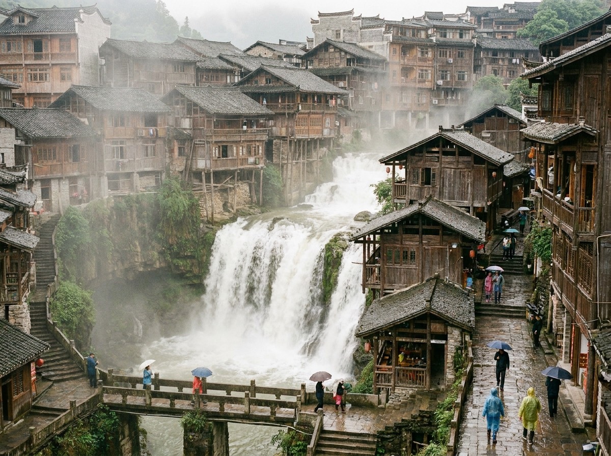 Cascada y pueblo de Furong