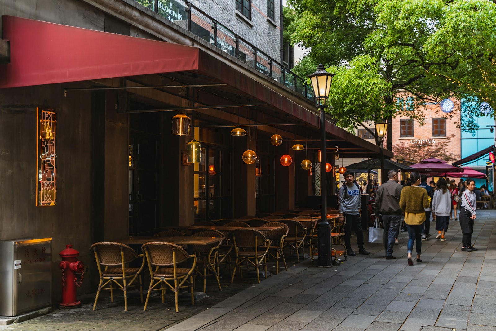 Cafés y terrazas en una calle arbolada de la antigua Concesión Francesa de Shanghái